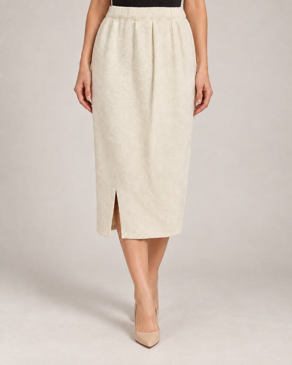 Cream Sweater Knit Midi Skirt Elastic Waist Front Slit Cozy Neutral